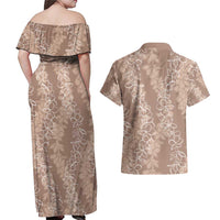 Hawaii Plumeria Lei Couples Matching Off Shoulder Maxi Dress and Hawaiian Shirt Aloha Festive Vibe - Beige LT7 - Polynesian Pride