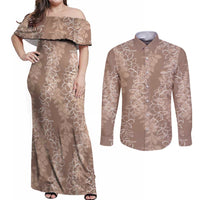 Hawaii Plumeria Lei Couples Matching Off Shoulder Maxi Dress and Long Sleeve Button Shirt Aloha Festive Vibe - Beige LT7 Beige - Polynesian Pride