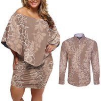 Hawaii Plumeria Lei Couples Matching Off Shoulder Short Dress and Long Sleeve Button Shirt Aloha Festive Vibe - Beige LT7 Beige - Polynesian Pride