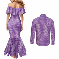 Hawaii Plumeria Lei Couples Matching Mermaid Dress and Long Sleeve Button Shirt Aloha Festive Vibe - Violet LT7 - Polynesian Pride