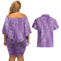 Hawaii Plumeria Lei Couples Matching Off Shoulder Short Dress and Hawaiian Shirt Aloha Festive Vibe - Violet LT7 - Polynesian Pride