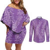 Hawaii Plumeria Lei Couples Matching Off Shoulder Short Dress and Long Sleeve Button Shirt Aloha Festive Vibe - Violet LT7 Violet - Polynesian Pride