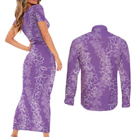 Hawaii Plumeria Lei Couples Matching Short Sleeve Bodycon Dress and Long Sleeve Button Shirt Aloha Festive Vibe - Violet LT7 - Polynesian Pride