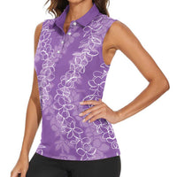 Hawaii Plumeria Lei Women Sleeveless Polo Shirt Aloha Festive Vibe - Violet LT7 - Polynesian Pride