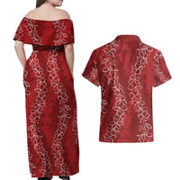 Hawaii Plumeria Lei Couples Matching Off Shoulder Maxi Dress and Hawaiian Shirt Aloha Festive Vibe - Crimson LT7 - Polynesian Pride