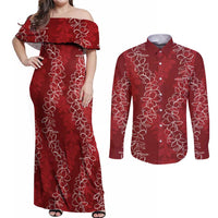Hawaii Plumeria Lei Couples Matching Off Shoulder Maxi Dress and Long Sleeve Button Shirt Aloha Festive Vibe - Crimson LT7 Crimson - Polynesian Pride