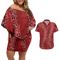 Hawaii Plumeria Lei Couples Matching Off Shoulder Short Dress and Hawaiian Shirt Aloha Festive Vibe - Crimson LT7 Crimson - Polynesian Pride