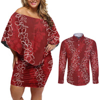 Hawaii Plumeria Lei Couples Matching Off Shoulder Short Dress and Long Sleeve Button Shirt Aloha Festive Vibe - Crimson LT7 Crimson - Polynesian Pride