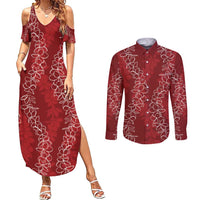 Hawaii Plumeria Lei Couples Matching Summer Maxi Dress and Long Sleeve Button Shirt Aloha Festive Vibe - Crimson LT7 Crimson - Polynesian Pride