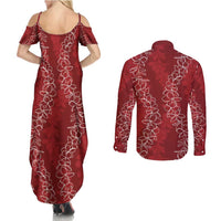 Hawaii Plumeria Lei Couples Matching Summer Maxi Dress and Long Sleeve Button Shirt Aloha Festive Vibe - Crimson LT7 - Polynesian Pride
