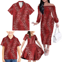 Hawaii Plumeria Lei Family Matching Off The Shoulder Long Sleeve Dress and Hawaiian Shirt Aloha Festive Vibe - Crimson LT7 - Polynesian Pride