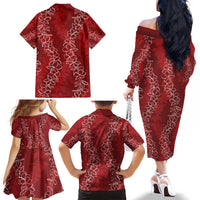 Hawaii Plumeria Lei Family Matching Off The Shoulder Long Sleeve Dress and Hawaiian Shirt Aloha Festive Vibe - Crimson LT7 - Polynesian Pride