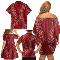 Hawaii Plumeria Lei Family Matching Off Shoulder Short Dress and Hawaiian Shirt Aloha Festive Vibe - Crimson LT7 - Polynesian Pride