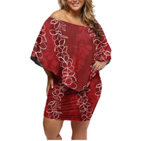 Hawaii Plumeria Lei Family Matching Off Shoulder Short Dress and Hawaiian Shirt Aloha Festive Vibe - Crimson LT7 Mom's Dress Crimson - Polynesian Pride