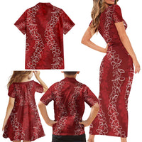 Hawaii Plumeria Lei Family Matching Short Sleeve Bodycon Dress and Hawaiian Shirt Aloha Festive Vibe - Crimson LT7 - Polynesian Pride