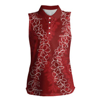 Hawaii Plumeria Lei Women Sleeveless Polo Shirt Aloha Festive Vibe - Crimson LT7 Female Crimson - Polynesian Pride