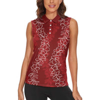 Hawaii Plumeria Lei Women Sleeveless Polo Shirt Aloha Festive Vibe - Crimson LT7 - Polynesian Pride