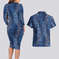 Hawaii Plumeria Lei Couples Matching Long Sleeve Bodycon Dress and Hawaiian Shirt Aloha Festive Vibe - Navy Blue LT7 - Polynesian Pride