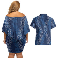 Hawaii Plumeria Lei Couples Matching Off Shoulder Short Dress and Hawaiian Shirt Aloha Festive Vibe - Navy Blue LT7 - Polynesian Pride