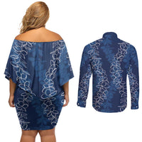 Hawaii Plumeria Lei Couples Matching Off Shoulder Short Dress and Long Sleeve Button Shirt Aloha Festive Vibe - Navy Blue LT7 - Polynesian Pride
