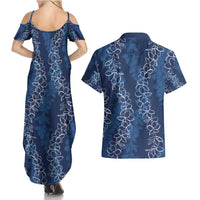 Hawaii Plumeria Lei Couples Matching Summer Maxi Dress and Hawaiian Shirt Aloha Festive Vibe - Navy Blue LT7 - Polynesian Pride