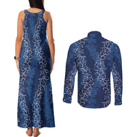 Hawaii Plumeria Lei Couples Matching Tank Maxi Dress and Long Sleeve Button Shirt Aloha Festive Vibe - Navy Blue LT7 - Polynesian Pride