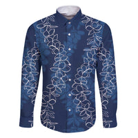 Hawaii Plumeria Lei Family Matching Off Shoulder Maxi Dress and Hawaiian Shirt Aloha Festive Vibe - Navy Blue LT7 Dad's Shirt - Long Sleeve Navy Blue - Polynesian Pride