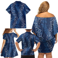 Hawaii Plumeria Lei Family Matching Off Shoulder Short Dress and Hawaiian Shirt Aloha Festive Vibe - Navy Blue LT7 - Polynesian Pride