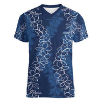 Hawaii Plumeria Lei Women V-Neck T-Shirt Aloha Festive Vibe - Navy Blue LT7 Female Navy Blue - Polynesian Pride