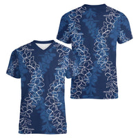 Hawaii Plumeria Lei Women V-Neck T-Shirt Aloha Festive Vibe - Navy Blue LT7 - Polynesian Pride