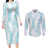 Hawaii Plumeria Lei Couples Matching Long Sleeve Bodycon Dress and Long Sleeve Button Shirt Aloha Festive Vibe - Turquoise LT7 Turquoise - Polynesian Pride