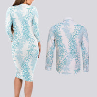 Hawaii Plumeria Lei Couples Matching Long Sleeve Bodycon Dress and Long Sleeve Button Shirt Aloha Festive Vibe - Turquoise LT7 - Polynesian Pride