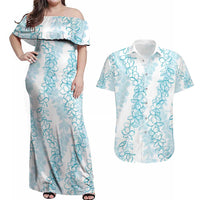 Hawaii Plumeria Lei Couples Matching Off Shoulder Maxi Dress and Hawaiian Shirt Aloha Festive Vibe - Turquoise LT7 Turquoise - Polynesian Pride
