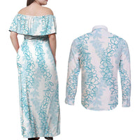 Hawaii Plumeria Lei Couples Matching Off Shoulder Maxi Dress and Long Sleeve Button Shirt Aloha Festive Vibe - Turquoise LT7 - Polynesian Pride