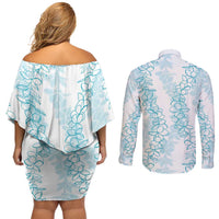 Hawaii Plumeria Lei Couples Matching Off Shoulder Short Dress and Long Sleeve Button Shirt Aloha Festive Vibe - Turquoise LT7 - Polynesian Pride