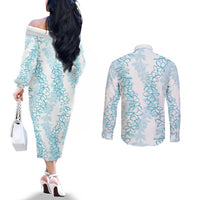 Hawaii Plumeria Lei Couples Matching Off The Shoulder Long Sleeve Dress and Long Sleeve Button Shirt Aloha Festive Vibe - Turquoise LT7 - Polynesian Pride