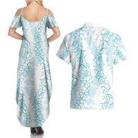 Hawaii Plumeria Lei Couples Matching Summer Maxi Dress and Hawaiian Shirt Aloha Festive Vibe - Turquoise LT7 - Polynesian Pride
