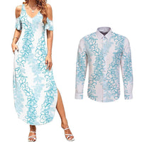 Hawaii Plumeria Lei Couples Matching Summer Maxi Dress and Long Sleeve Button Shirt Aloha Festive Vibe - Turquoise LT7 Turquoise - Polynesian Pride