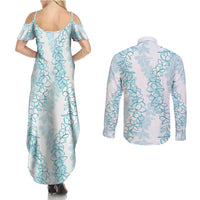 Hawaii Plumeria Lei Couples Matching Summer Maxi Dress and Long Sleeve Button Shirt Aloha Festive Vibe - Turquoise LT7 - Polynesian Pride