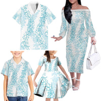 Hawaii Plumeria Lei Family Matching Off The Shoulder Long Sleeve Dress and Hawaiian Shirt Aloha Festive Vibe - Turquoise LT7 - Polynesian Pride