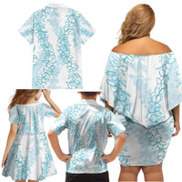 Hawaii Plumeria Lei Family Matching Off Shoulder Short Dress and Hawaiian Shirt Aloha Festive Vibe - Turquoise LT7 - Polynesian Pride