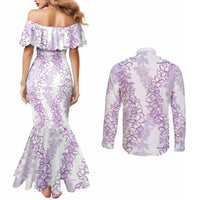 Hawaii Plumeria Lei Couples Matching Mermaid Dress and Long Sleeve Button Shirt Aloha Festive Vibe - Amethyst LT7 - Polynesian Pride