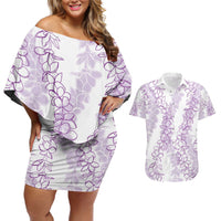 Hawaii Plumeria Lei Couples Matching Off Shoulder Short Dress and Hawaiian Shirt Aloha Festive Vibe - Amethyst LT7 Amethyst - Polynesian Pride