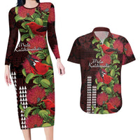 Hawaii Mele Kalikimaka Kakau Couples Matching Long Sleeve Bodycon Dress and Hawaiian Shirt I'iwi Bird on Ohia Lehua LT7 Black Red - Polynesian Pride