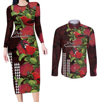 Hawaii Mele Kalikimaka Kakau Couples Matching Long Sleeve Bodycon Dress and Long Sleeve Button Shirt I'iwi Bird on Ohia Lehua