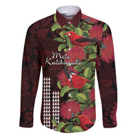 Hawaii Mele Kalikimaka Kakau Family Matching Off Shoulder Maxi Dress and Hawaiian Shirt I'iwi Bird on Ohia Lehua LT7 Dad's Shirt - Long Sleeve Black Red - Polynesian Pride