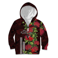 Hawaii Mele Kalikimaka Kakau Kid Hoodie I'iwi Bird on Ohia Lehua LT7 Zip Hoodie Black Red - Polynesian Pride