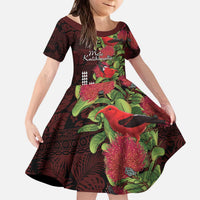 Hawaii Mele Kalikimaka Kakau Kid Short Sleeve Dress I'iwi Bird on Ohia Lehua LT7 KID Black Red - Polynesian Pride