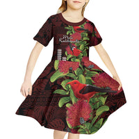 Hawaii Mele Kalikimaka Kakau Kid Short Sleeve Dress I'iwi Bird on Ohia Lehua LT7 - Polynesian Pride