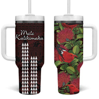 Hawaii Mele Kalikimaka Kakau Tumbler With Handle I'iwi Bird on Ohia Lehua LT7 One Size: 40 oz Black Red - Polynesian Pride